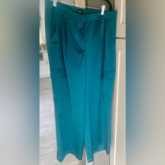 BNWOT Express Turquoise Teal Satin Wide Leg Pants - Picture 3 of 10